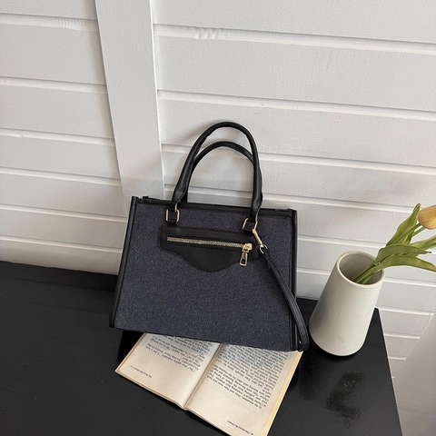 Bolso Tote Vintage PU Textura Mezclilla Color Contraste Gran Capacidad Bolso de Hombro Para Mujer Bolso Casual Diario