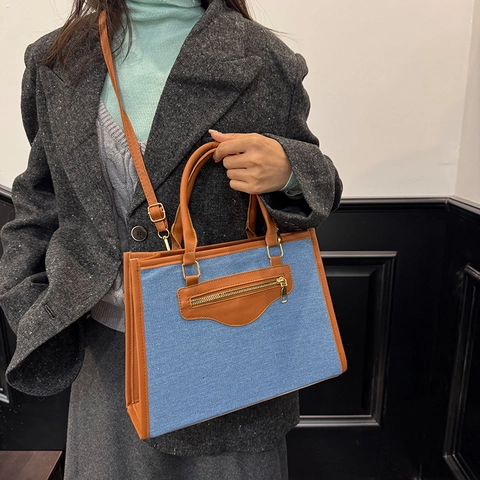 Bolso Tote Vintage PU Textura Mezclilla Color Contraste Gran Capacidad Bolso de Hombro Para Mujer Bolso Casual Diario