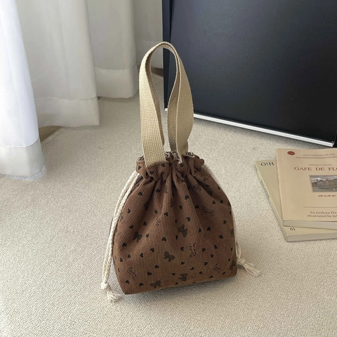 Vintage Kord Eimer Tasche Mit Kordelzug Für Damen Herz Schmetterling Muster Kleine Handtasche Lässige Tasche Täglich