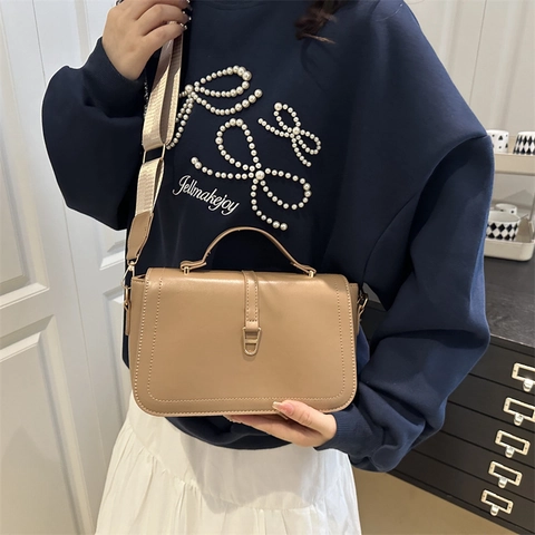 Koreanische Mode Einfache PU Leder Crossbody Quadratische Tasche Für Damen Mit Breitem Schultergurt Retro Pendler Kleine Umhängetasche