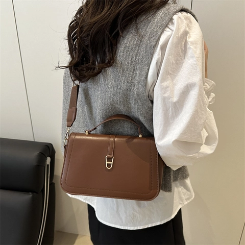 Borsa a Tracolla da Donna in Stile Coreano in Pelle PU Grande Capacità Tinta Unita Con Patta a Tracolla Larga Quadrata