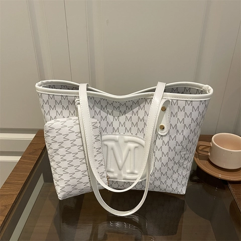 Grand Sac en Cuir PU pour Femmes Avec Sacoche Grande Capacité Lettre M Monogramme Imprimé Sac à Épaule Sac de Shopping Décontracté