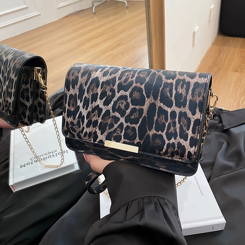 Borsa a Tracolla Leopardata alla Moda per Donna Borsa a Spalla in Pelle PU con Catena Borsa a Tracolla Quadrata Versatile