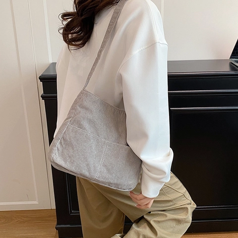 Dames Corduroy Schoudertas Grote Capaciteit Tote Tas Met Voorvakken Retro Japans Casual Crossbody Tas Voor Dagelijks Gebruik