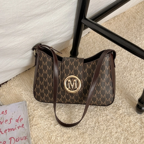 Borsa Sottobraccio Monogramma Vintage da Donna in Pelle PU Stampata Borsa a Tracolla Retrò Moda Pendolare Fibbia in Metallo