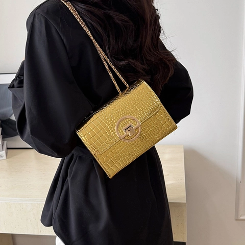 Sac Bandoulière en Cuir PU Motif Crocodile Chaîne en Métal Doré Boucle Ronde Petit Sac à Épaule Carré pour Femmes