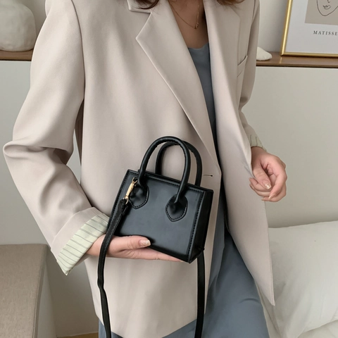 Women Mini PU Leather Square Shoulder Bag Solid Color Crossbody Bag With Top Handle Gold Hardware Minimalist Daily Handbag