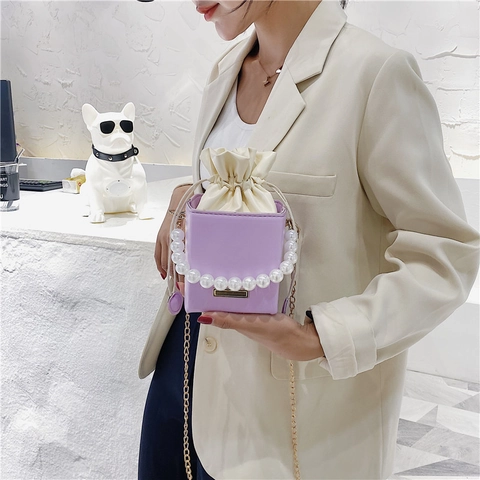 Bolso de Cubo Cuadrado de Cuero PU para Mujer Mango de Perlas Artificiales Cadena Dorada Cordón Bolso Bandolera Tote Pequeño