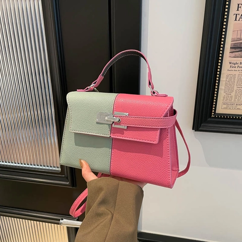 Mode Contrastkleur Patchwork PU Leer Crossbodytas Voor Vrouwen 2026 Nieuwe Minimalistische Woon-werkverkeer Schoudertas Met Metalen Slot