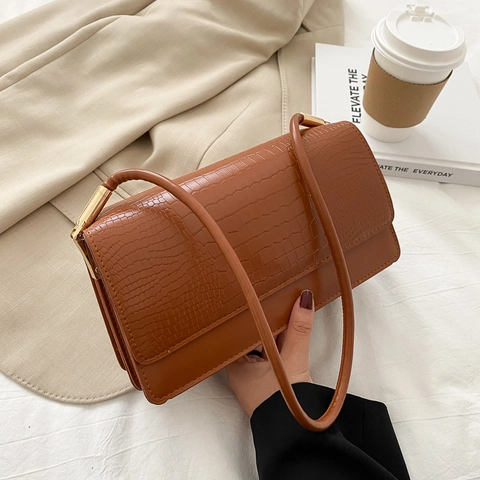 Damen Retro PU Leder Alligator Muster Schultertasche Vintage Minimalistisch Baguette Achseltasche Mit Goldbeschläge Daily Tasche