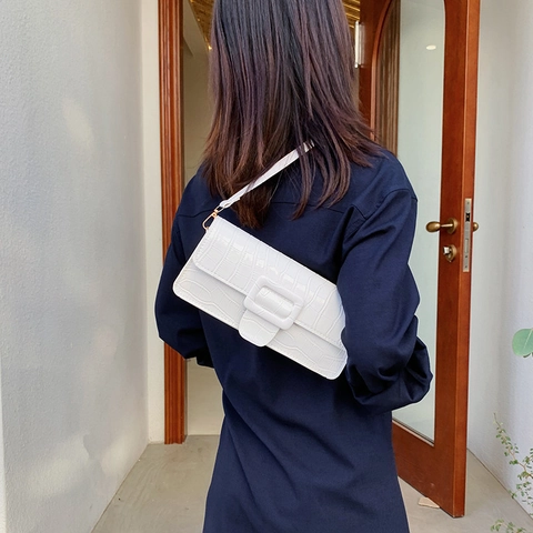 Bolso de Axila de Cuero PU con Patrón de Cocodrilo Vintage para Mujer Bolso de Hombro Baguette de Moda Bolso de Color Sólido