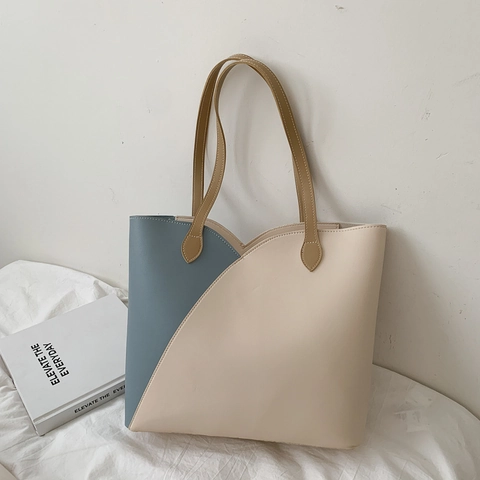 Damen Große Kapazität PU Leder Einkaufstasche Farbblock Minimalistische Schultertasche Pendler Handtasche Elegante Nähte Büro Dame Geldbörse