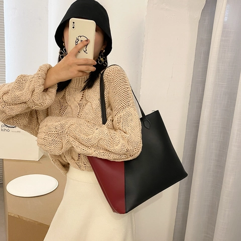 Damen Große Kapazität PU Leder Einkaufstasche Farbblock Minimalistische Schultertasche Pendler Handtasche Elegante Nähte Büro Dame Geldbörse