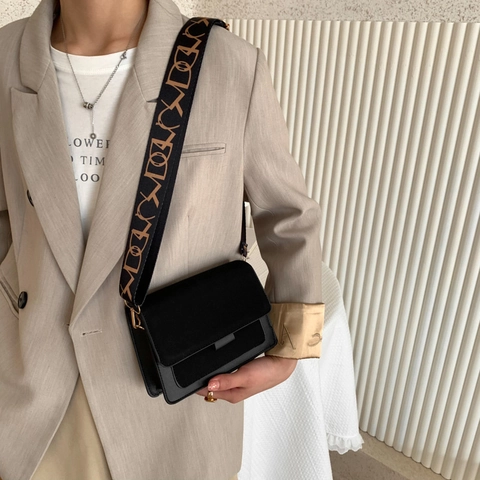 Bolso Bandolera de Moda en Cuero PU para Mujer Bolso Cuadrado Pequeño con Bloque de Color y Correa de Hombro Ancha Estampada Retro Diario