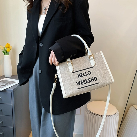 Mode Dames Canvas Tote Bag Grote Capaciteit Hello Weekend Letteraanduiding Schoudertas Khaki Zwart Beige Casual Handtas