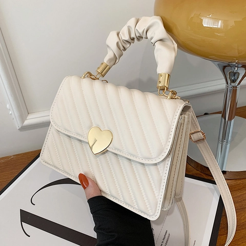Borsa a Tracolla Trapuntata da Donna con Lucchetto a Cuore Tendenza Strada in Pelle PU Manico Increspato Borsa Elegante Quadrata