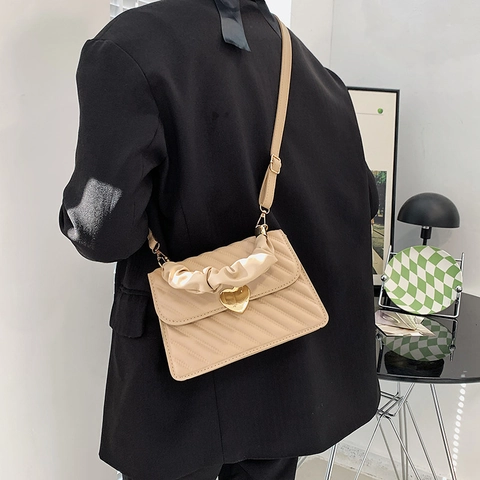 Borsa a Tracolla Trapuntata da Donna con Lucchetto a Cuore Tendenza Strada in Pelle PU Manico Increspato Borsa Elegante Quadrata