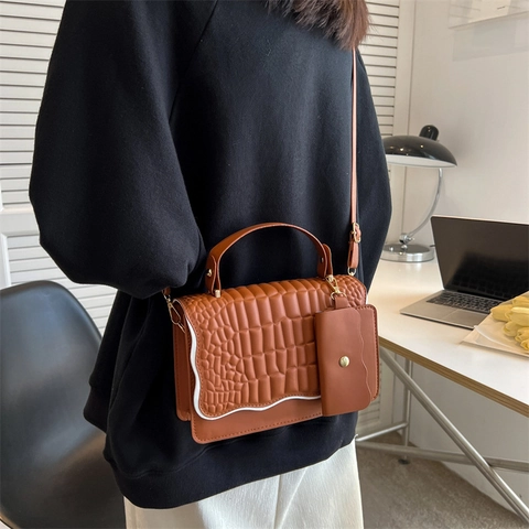 Damen Mode Alligator Muster Schultertasche PU Leder Wellenkante Umhängetasche Mit Passendem Mini Beutel Täglich Handtasche