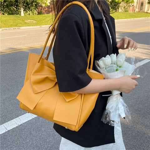 Bolso de Mano Elegante de Cuero PU con Lazo Grande para Mujer Bolso de Hombro de Alta Capacidad Moda Coreana Bolso de Trabajo Diario