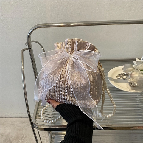 Elegante Bolso de Cubo Plisado de Seda para Mujer Con Cadena de Perlas Artificiales y Lazo de Organza Bolso de Bandolera de Moda Coreana
