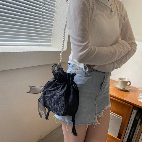 Elegante Bolso de Cubo Plisado de Seda para Mujer Con Cadena de Perlas Artificiales y Lazo de Organza Bolso de Bandolera de Moda Coreana