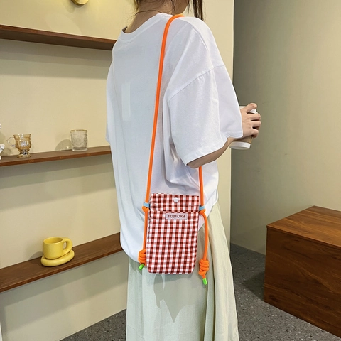 Koreanischer Stil Gingham Mini Umhängetasche Handytasche Für Damen Segeltuch Karierte Schultertasche Mit Seilgurt Lässiger Reisebeutel