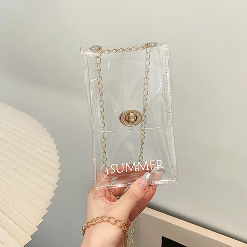 Borsa a Tracolla Mini in PVC Trasparente con Stampa di Lettere Estive per Donna Moda Catena d'Oro Borsa per Cellulare