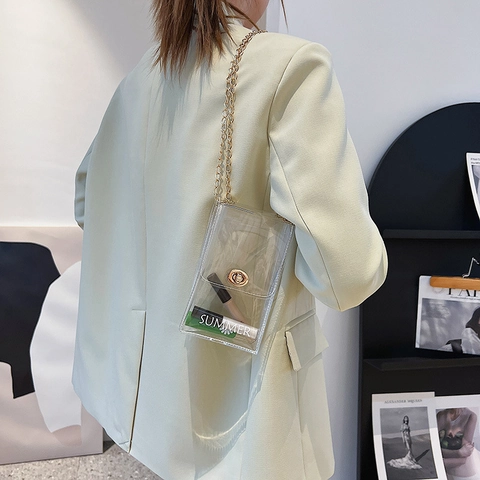 Borsa a Tracolla Mini in PVC Trasparente con Stampa di Lettere Estive per Donna Moda Catena d'Oro Borsa per Cellulare