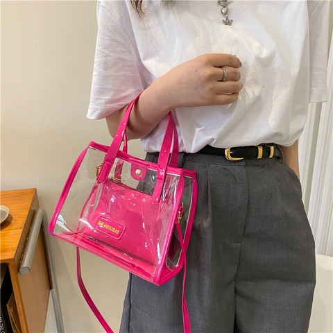 Conjunto de Bolso Tote de PVC Transparente para Mujer Gran Capacidad Bolso de Playa Jelly Con Neceser Interior Bolso de Hombro