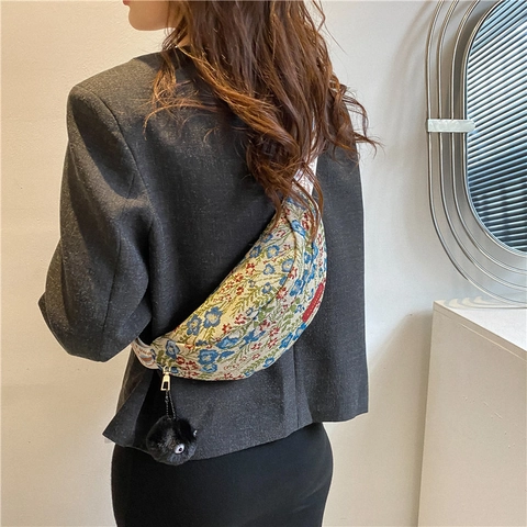 Vintage Blumen Canvas Brusttasche Für Damen Ethnische Jacquard Umhängetasche Mit Breitem Besticktem Riemen Und Bommel Fashion Gürteltasche