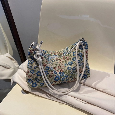 French Retro Jacquard Floral Shoulder Bag For Women Vintage Underarm Hobo Bag With Knot Leather Strap Large Capacity Canvas Tote Bag