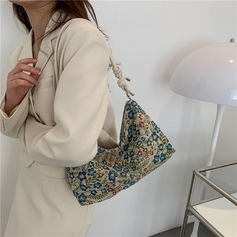 French Retro Jacquard Floral Shoulder Bag For Women Vintage Underarm Hobo Bag With Knot Leather Strap Large Capacity Canvas Tote Bag