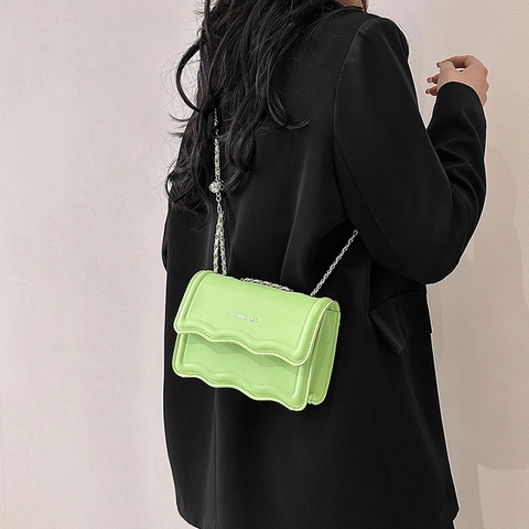 Fashion Women Scalloped Wave Edge PU Leather Shoulder Bag With Chain Strap Small Square Chic Crossbody Underarm Bag