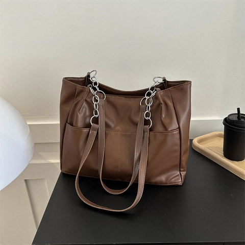 Bolso Tote de Cuero PU Vintage para Mujer Gran Capacidad Bolso de Hombro Casual Diario con Decoración de Cadena de Metal