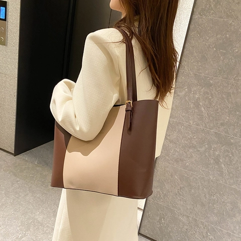 Mode Grote Capaciteit Kleurblok Tote Bag Dames PU Leer Stiksel Woon-werkverkeer Schoudertas Magnetische Gesp Handtas