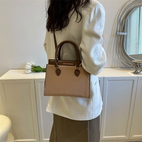 Dames Mode Monogram PU Lederen Handtas Retro Contraststiksel Schouder Crossbodytas Grote Capaciteit Tote Voor Dagelijks Werk