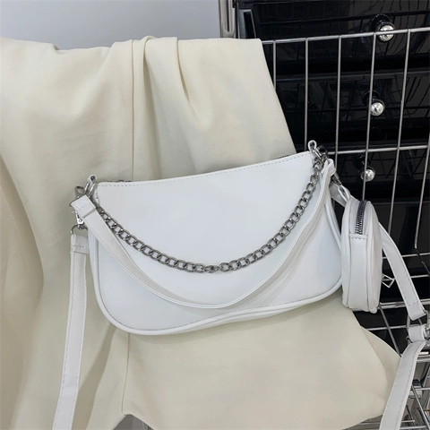Damen Mode PU Leder Achseltasche Halbmond Hobo Form Mit Silberkette Und Abnehmbarer Runder Geldbörse Umhängetasche