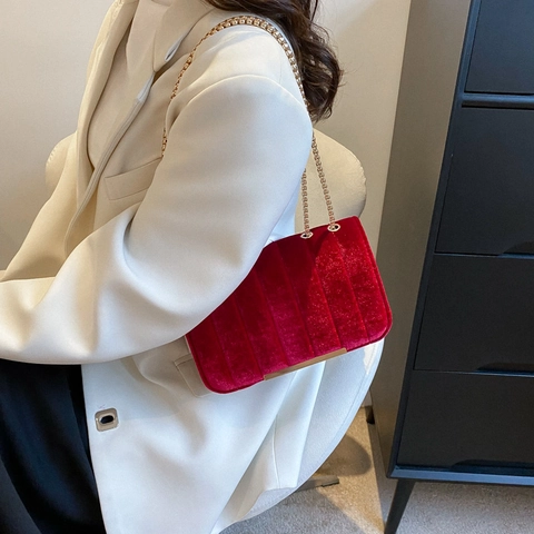 Retro Dames Fluwelen Gewatteerde Vierkante Tas Gouden Ketting Schoudertas Minimalistische Handtas Elegante Mode Satchel