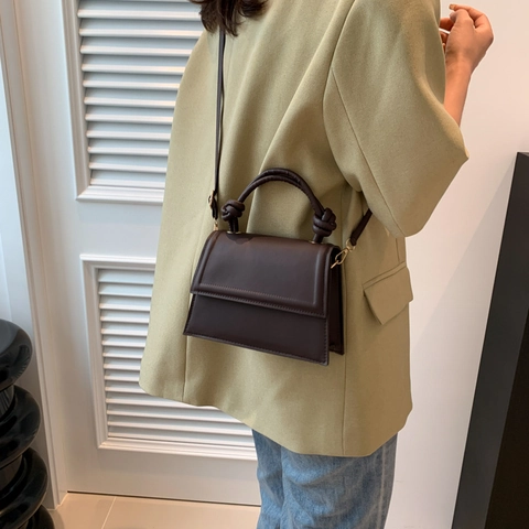 Borsa a Spalla da Donna in Pelle PU con Manico a Nodo Moda Minimalista Piccola Borsa a Tracolla Quadrata Tinta Unita Pendolare Giornaliero