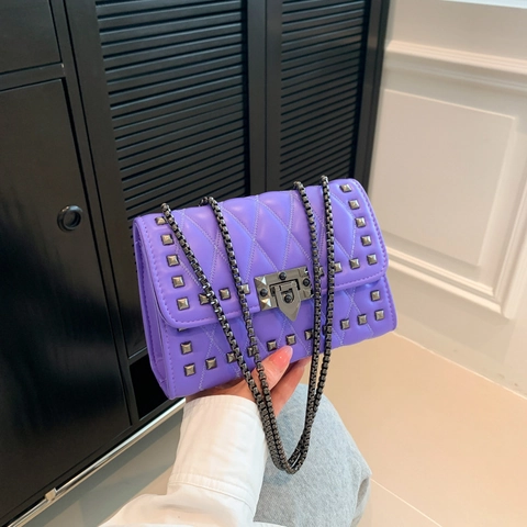 Bolso de Hombro de Cadena con Remaches Acolchado para Mujer Cuero PU Patrón Romboidal Bolso Bandolera con Cierre de Metal