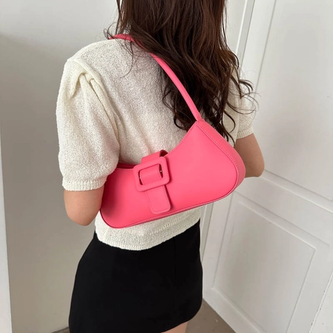 Borsa a Spalla Baguette in Pelle PU Retro Donna Minimalista Fibbia Quadrata Borsa Sottobraccio Moda Tinta Unita Handbag