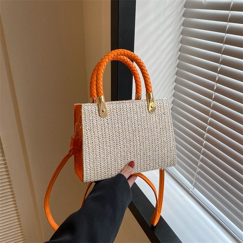 Women Fashion Straw Woven Handbag Vintage Contrast Color Shoulder Crossbody Bag For Daily Travel Vacation Street Style