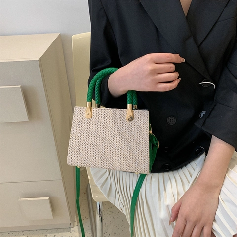 Women Fashion Straw Woven Handbag Vintage Contrast Color Shoulder Crossbody Bag For Daily Travel Vacation Street Style