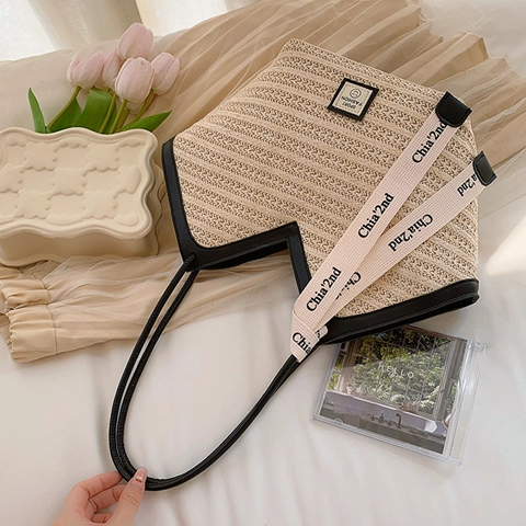 Damen Große Kapazität Stroh Tragetasche Retro V-Ausschnitt Gewebte Umhängetasche Mit Buchstabenband Lässige Strand Reise Handtasche