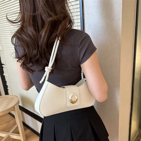 Damen Mode PU Unterarmtasche Minimalistische Baguette Tasche Mit Knoten-Gurt Rundem Metallschnalle Alltag Schultertasche