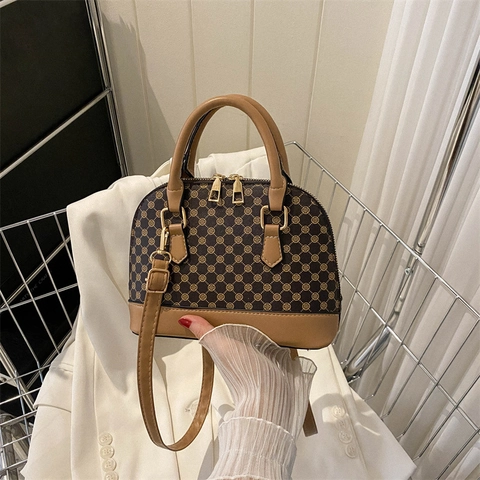 Vintage Monogramm Muschel Umhängetasche Für Damen Retro Geometrisches Muster PU Leder Crossbody Bag Gold Hardware Handtasche