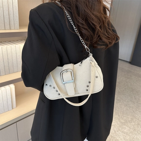 Bolso de Axila de Lona Vintage para Mujer Moda Costura en Contraste Bolso de Hombro Cadena de Metal Hebilla Grande Y2K Streetwear