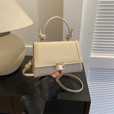 Bolso Cuadrado Pequeño de Piel Sintética Retro Con Estampado de Cocodrilo para Mujer Asa con Nudo Bolso de Bandolera Moda Color Sólido Con Cierre de Metal