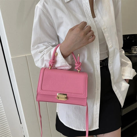 Bolso Cuadrado Pequeño de Piel Sintética Retro Con Estampado de Cocodrilo para Mujer Asa con Nudo Bolso de Bandolera Moda Color Sólido Con Cierre de Metal