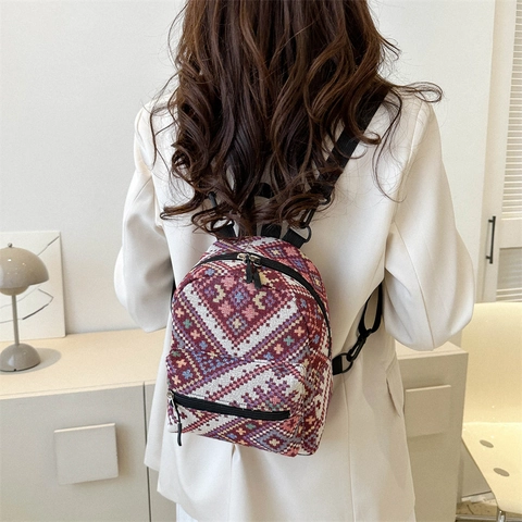 Zaino Mini Etnico Geometrico da Donna Zaino Casual in Lona Jacquard per il Pendolarismo Retro Moda Streetwear Piccola Borsa Quotidiana